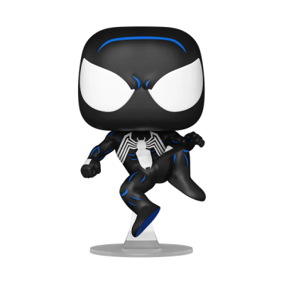 Boneco Funko Pop do Venom em posição de ataque, cor preta com detalhes azuis e símbolo branco.