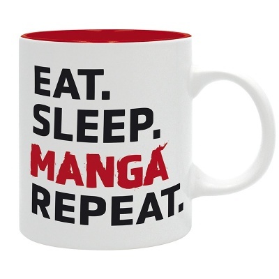 Caneca branca com texto EAT. SLEEP. MANGÁ REPEAT.