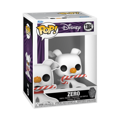 Figura Funko Pop! Disney Zero com nariz de abóbora e pirulito na boca, na caixa.