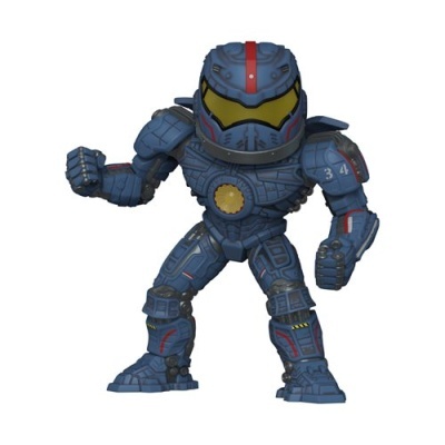 Figura robotizada azul com visor amarelo em pose dinâmica