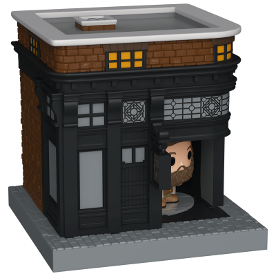 Miniatura de edifício com paredes castanhas e detalhes pretos, figura com barba na entrada.