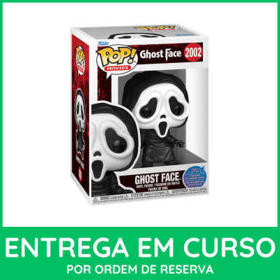 Funko Pop Ghost Face 2002 em caixa com fundo vermelho e branco