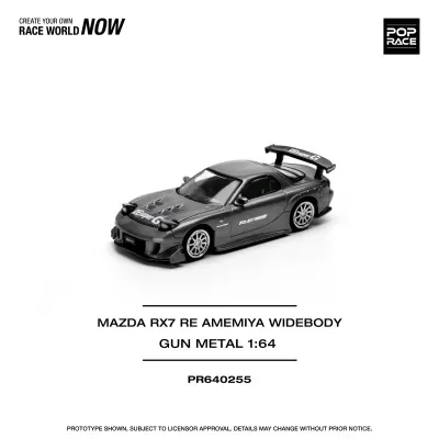Miniatura de carro Mazda RX7 RE Amemiya Widebody em escala 1:64, gun metal com detalhes em carbono
