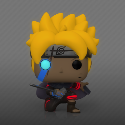 Figurinha Funko Pop Naruto com cabelo amarelo e roupa preta com detalhes vermelhos