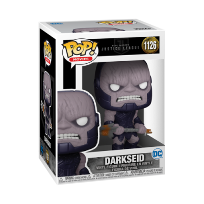 Figura POP! Darkseid de vinil na embalagem branca com detalhes pretos e amarelos