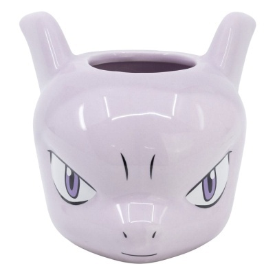 Vaso cerâmico lilás em forma da cabeça de Mewtwo com olhos roxos