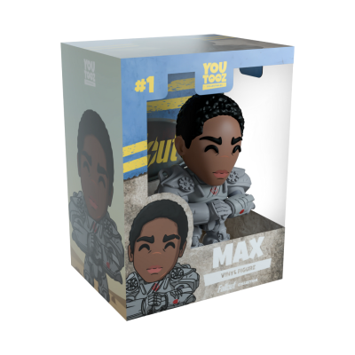 Figura de vinil MAX com armadura cinza em caixa da coleção Fallout