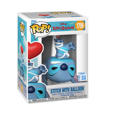 Figura Funko Pop Stitch com balão vermelho em forma de coração em caixa de vinil