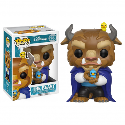 Figura Funko Pop! da personagem The Beast da Disney com pássaros azul e amarelo, ao lado da caixa original