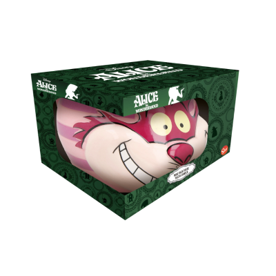 Cubo decorativo com a imagem do Gato de Cheshire rosa e branco em embalagem verde escuro.