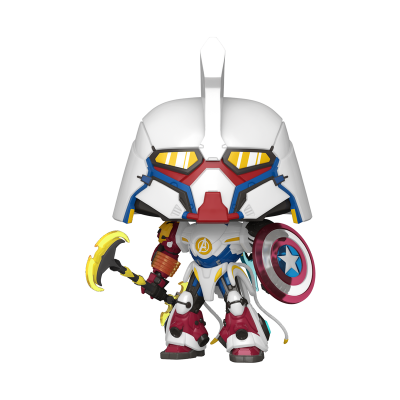 Figura Funko Pop Marvel com capacete branco, escudo e arma dourada