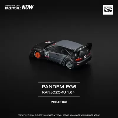 Miniatura de carro de corrida Pandem EG6 cinza e preto com rodas coloridas e decalques em fundo preto