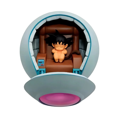 Figura colecionável de um personagem numa cápsula futurista branca e azul