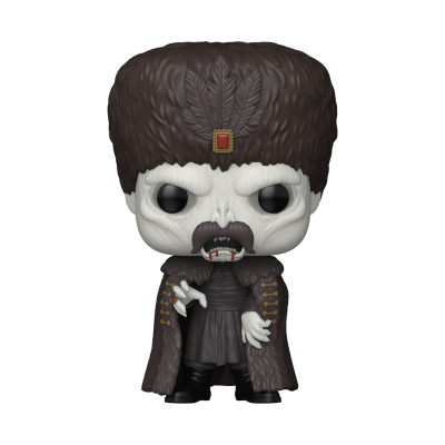 Figura Funko Pop vestindo roupa preta e chapéu peludo castanho com penas e adaga ensanguentada