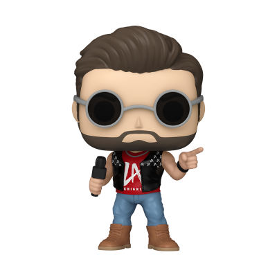 Boneco Funko Pop de homem com óculos redondos, colete preto e t-shirt vermelha