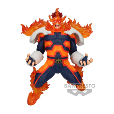 Figura de ação de personagem com chamas e uniforme preto e laranja