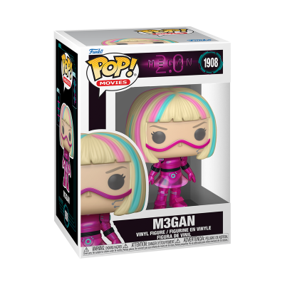 Figura Funko Pop! M3GAN com cabelo colorido e roupa cor-de-rosa em embalagem