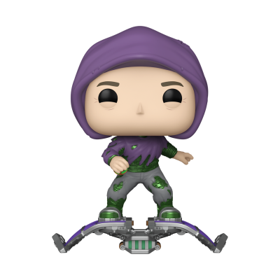 Figura Funko Pop com capuz roxo em prancha futurista