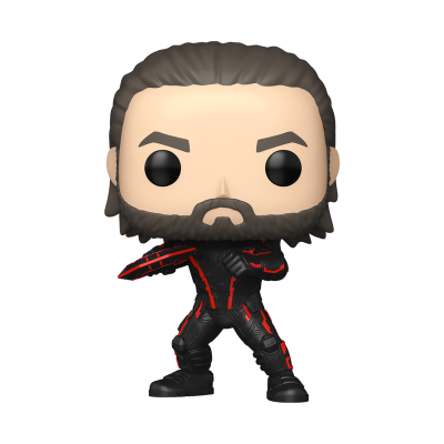 Figura Funko Pop com fato preto e vermelho segurando escudo
