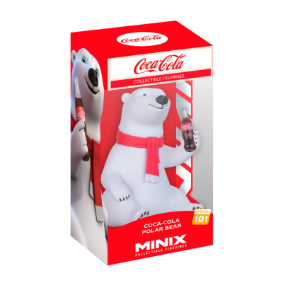 Figura colecionável urso polar branco com cachecol vermelho e garrafa Coca-Cola em caixa vermelha
