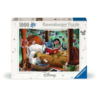 Caixa de quebra-cabeças Ravensburger Disney com 1000 peças e imagem colorida de personagens sentados numa cama