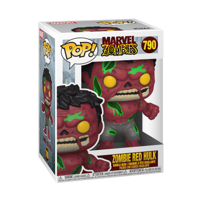 Figura Funko Pop! Marvel Zombies Zombie Red Hulk na caixa, com corpo vermelho e detalhes verdes, olhos amarelos, cabelos pretos, calças cinzentas.