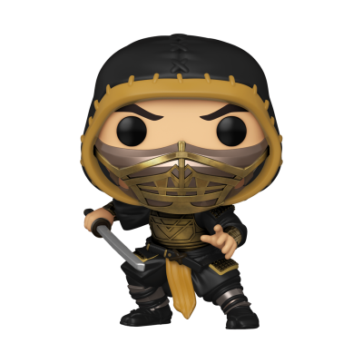 Figura Funko Pop de ninja com capuz preto e detalhes dourados segurando espada