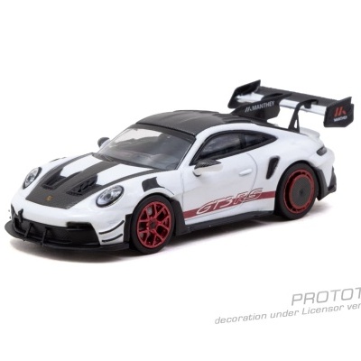Miniatura de carro desportivo Porsche GT3 RS branco com asa traseira e jantes vermelhas