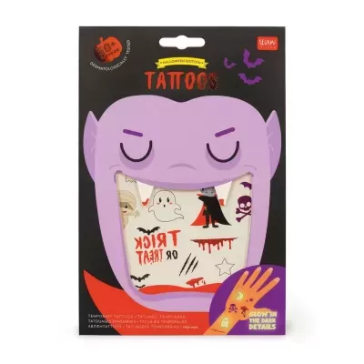 Pacote de tatuagens temporárias Halloween Edition LEGAMI MILANO com desenhos temáticos e detalhes a brilhar no escuro