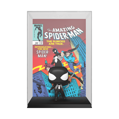 Figura Funko Pop do Spider-Man preto com fundo de capa de revista The Amazing Spider-Man.