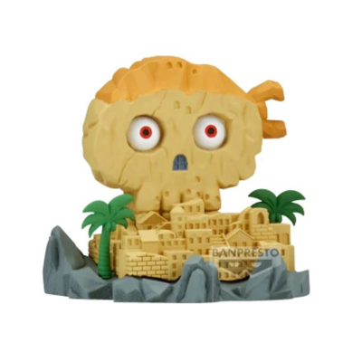 Figura de esqueleto amarelo com olhos vermelhos sobre cenário com pedras, paredes amarelas e palmeiras verdes