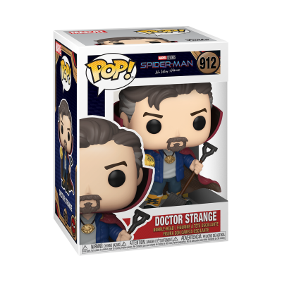 Figura Pop! do Doctor Strange na caixa original com capa vermelha e roupa azul