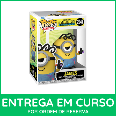 Figura Funko Pop! Minion James com macacão azul e cabelo encaracolado na embalagem