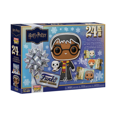 Caixa de calendário do advento Funko Pop de Harry Potter com 24 peças, azul com flocos de neve e figuras vinílicas mostradas.