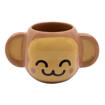 Caneca de cerâmica com rosto de macaco sorridente e pegas em forma de orelhas
