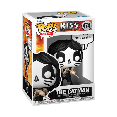 Funko Pop! Rocks The Catman da banda KISS, figura vinyl com pintura preta e branca na cara dentro da caixa