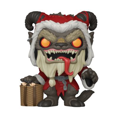 Figura colecionável de monstro com chifres, barba branca e traje vermelho e branco segurando cesto