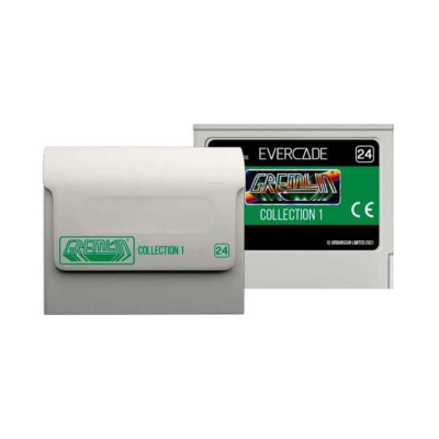 Cartucho e capa de jogo Evercade Gremlins Collection 1 cinzentos com rótulos verdes