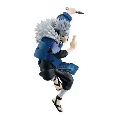 Figura de ação de personagem masculino com cabelo prateado e roupa azul e preta em pose de luta