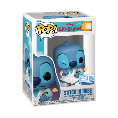Funko Pop Stitch em roupão branco com ursinho colorido, dentro de caixa com texto e número 1608.