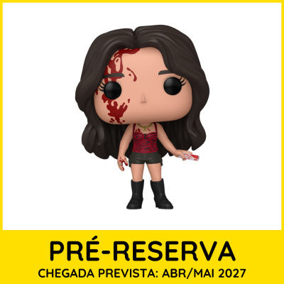 Boneco Funko Pop com sangue no rosto e roupa vermelha e preta