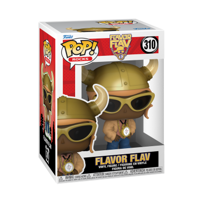 Figura vinil Flavor Flav Pop! Rocks nº 310 com capacete dourado e óculos escuros, em caixa transparente.
