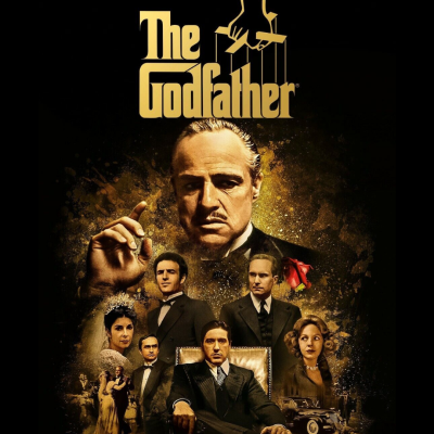 Pôster do filme The Godfather com personagens em roupas formais e título dourado