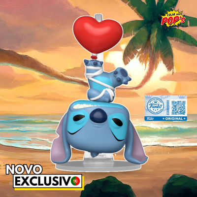 Figura Funko Pop do Stitch com balão de coração vermelho em fundo de praia ao pôr-do-sol.