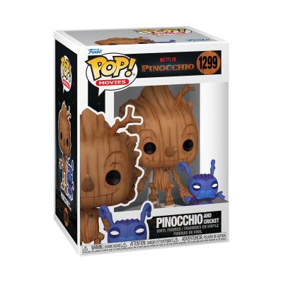 Caixa Funko Pop! Pinocchio and Cricket Netflix com figuras de madeira e grilo azul.