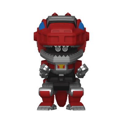 Figura colecionável vermelha e cinza em forma de dinossauro robótico estilo Funko Pop