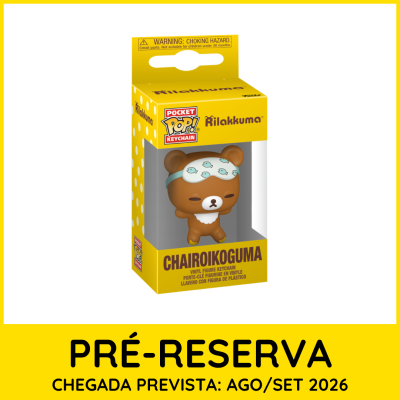 Embalagem amarela com figura vinil Chairoikoguma castanha com máscara azul de dormir e texto Pocket Pop Keychain.