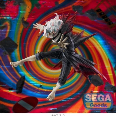 Figura de ação de personagem com cabelo branco e roupa preta em fundo colorido em espiral
