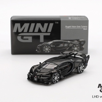 Miniatura carro Bugatti Vision Gran Turismo preto com caixa ao fundo