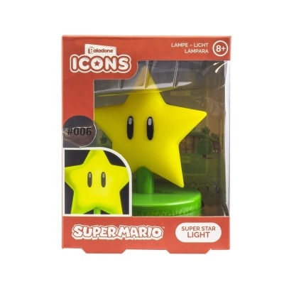 Lâmpada estrela amarela Super Mario em caixa vermelha